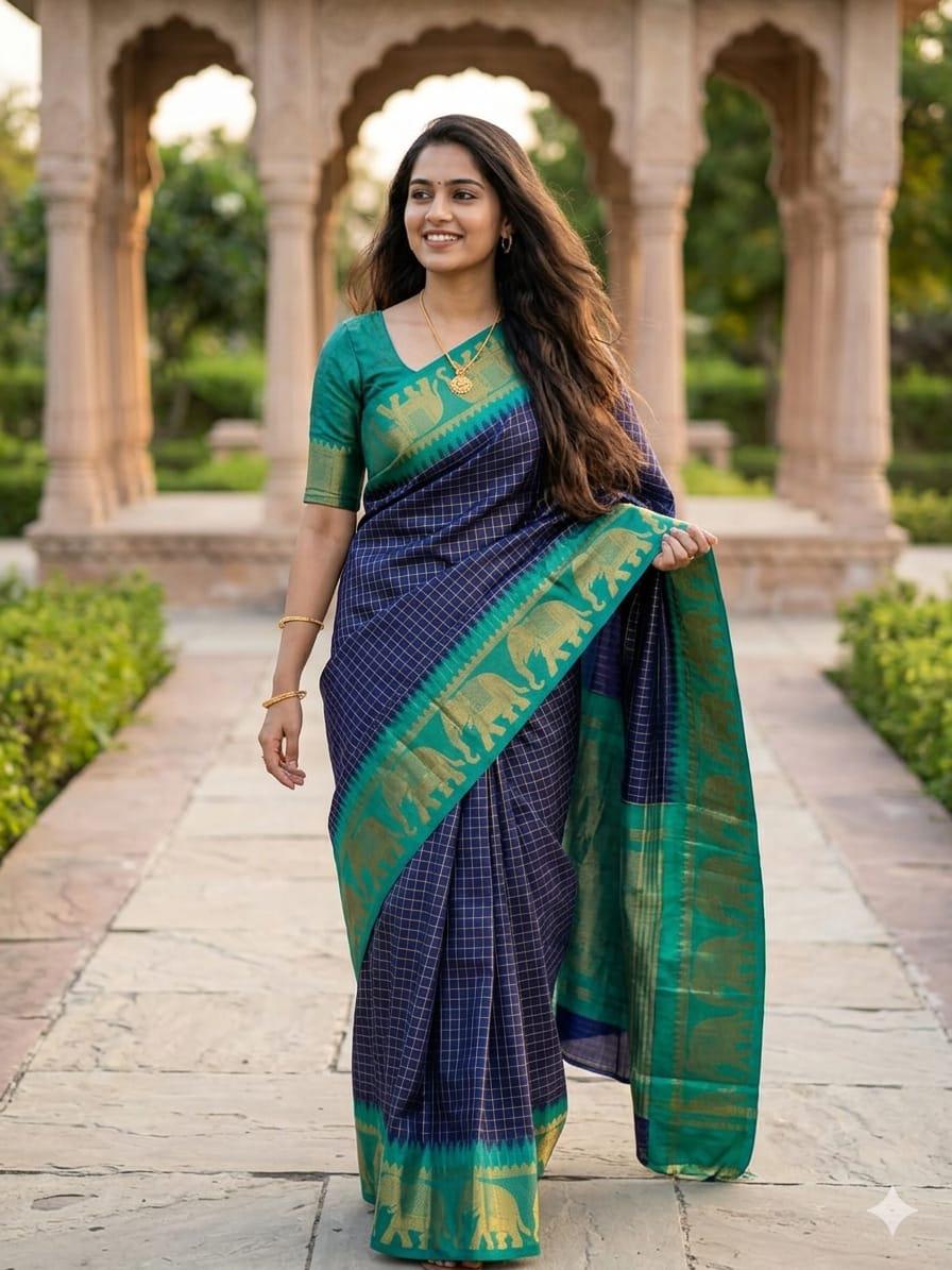 Lime Green Kanjivaram Silk Saree with Traditional Elephant Zari Border